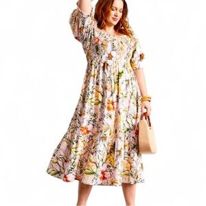 INC Floral Smocked Puff Sleeve Dress 2X